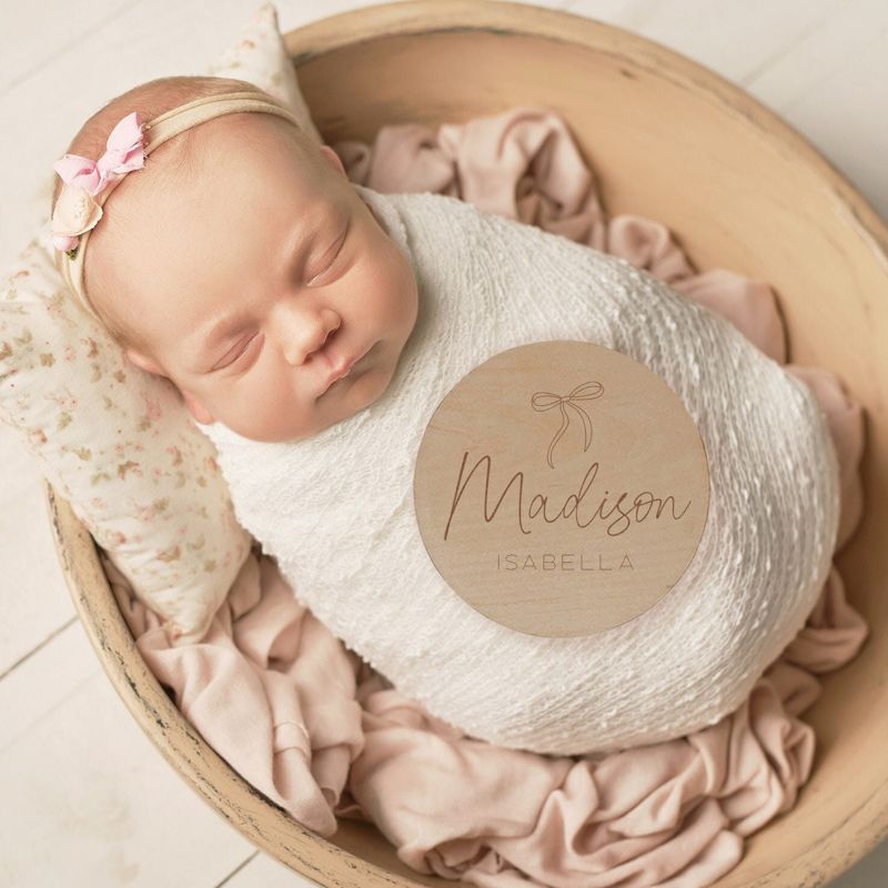 Baby Announcement Sign Girl- Wood Baby Name Reveal Plaque Bow Knot Ribbon - Girl Birth Announcement - Newborn Photo Prop (4")