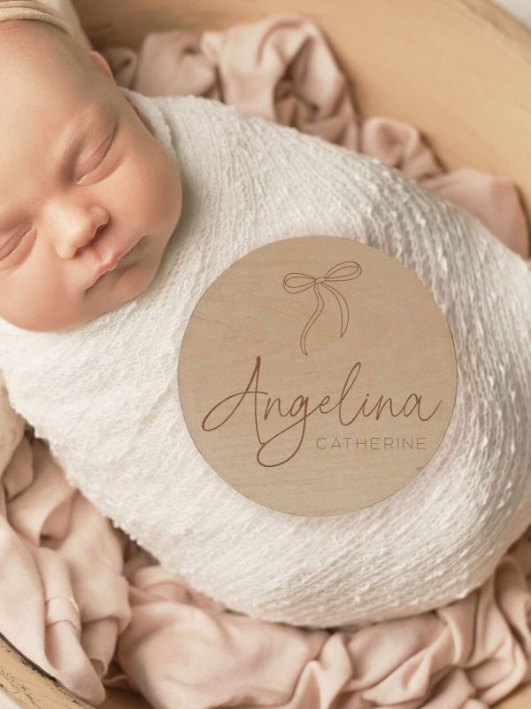 Baby Announcement Sign Girl- Wood Baby Name Reveal Plaque Bow Knot Ribbon - Girl Birth Announcement - Newborn Photo Prop (4")