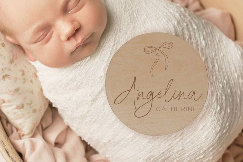 Baby Announcement Sign Girl- Wood Baby Name Reveal Plaque Bow Knot Ribbon - Girl Birth Announcement - Newborn Photo Prop (4")