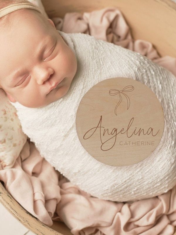 Baby Announcement Sign Girl- Wood Baby Name Reveal Plaque Bow Knot Ribbon - Girl Birth Announcement - Newborn Photo Prop (4")