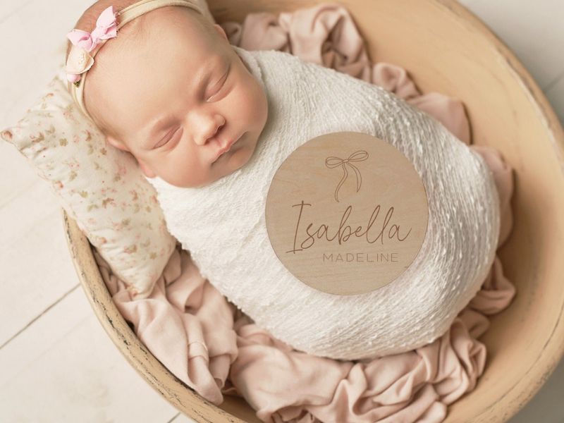 Baby Announcement Sign Girl- Wood Baby Name Reveal Plaque Bow Knot Ribbon - Girl Birth Announcement - Newborn Photo Prop (4")