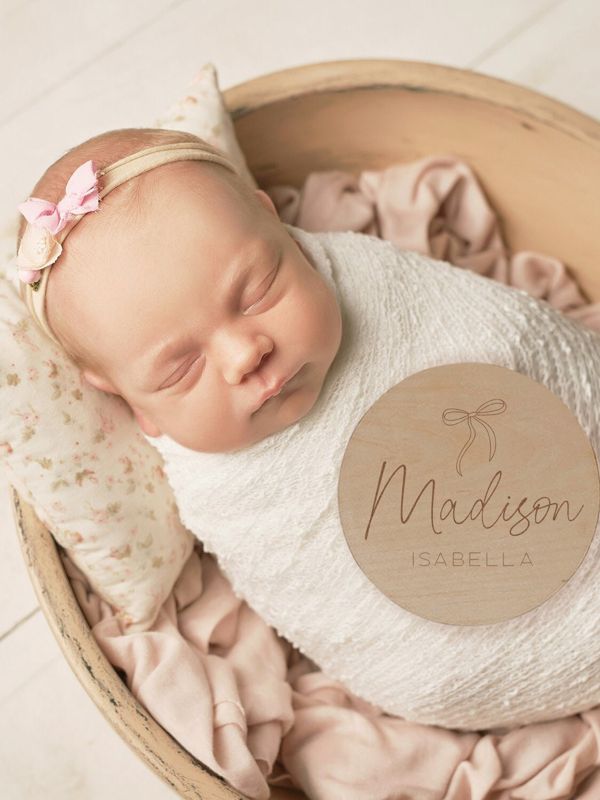 Baby Announcement Sign Girl- Wood Baby Name Reveal Plaque Bow Knot Ribbon - Girl Birth Announcement - Newborn Photo Prop (4")