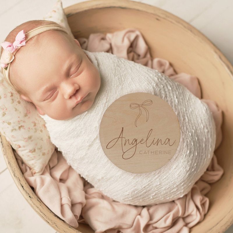 Baby Announcement Sign Girl- Wood Baby Name Reveal Plaque Bow Knot Ribbon - Girl Birth Announcement - Newborn Photo Prop (4")