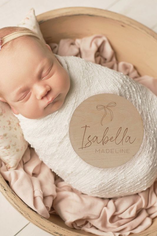Baby Announcement Sign Girl- Wood Baby Name Reveal Plaque Bow Knot Ribbon - Girl Birth Announcement - Newborn Photo Prop (4")