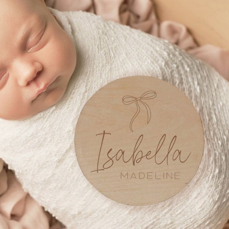 Baby Announcement Sign Girl- Wood Baby Name Reveal Plaque Bow Knot Ribbon - Girl Birth Announcement - Newborn Photo Prop (4")