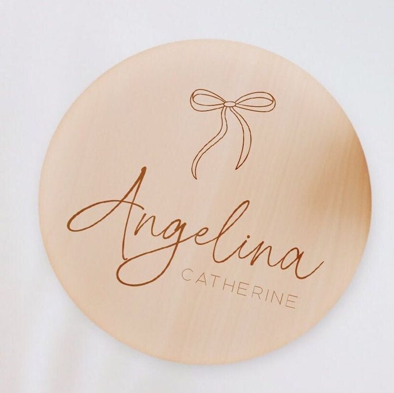 Baby Announcement Sign Girl- Wood Baby Name Reveal Plaque Bow Knot Ribbon - Girl Birth Announcement - Newborn Photo Prop (4")