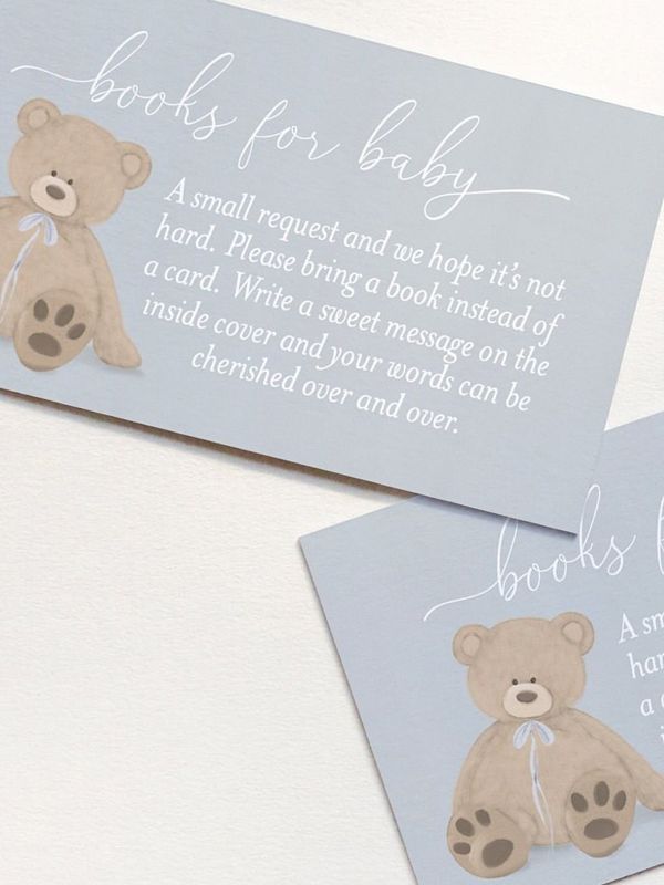 Boy Baby Shower Books for Baby Insert Cards Printed with Teddy Bear  - Baby Boy Sprinkle - Bearly Wait (20 printed cards)