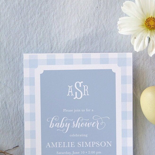 Baby Boy Shower Invitation - Blue Gingham Boy Baby Shower Invite - Classic Monogram - Baby Sprinkle Invitations - Preppy First Birthday (10 printed invitations | Plain White Envelopes)