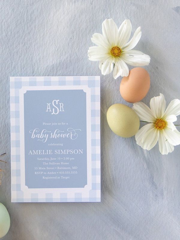 Baby Boy Shower Invitation - Blue Gingham Boy Baby Shower Invite - Classic Monogram - Baby Sprinkle Invitations - Preppy First Birthday (10 printed invitations | Plain White Envelopes)