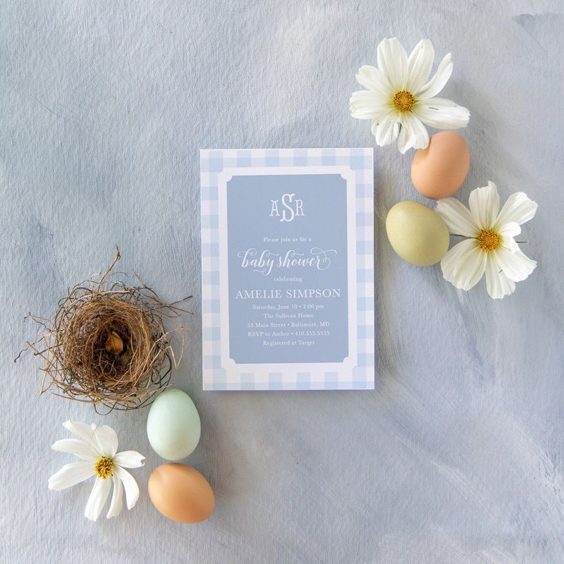 Baby Boy Shower Invitation - Blue Gingham Boy Baby Shower Invite - Classic Monogram - Baby Sprinkle Invitations - Preppy First Birthday (10 printed invitations | Plain White Envelopes)