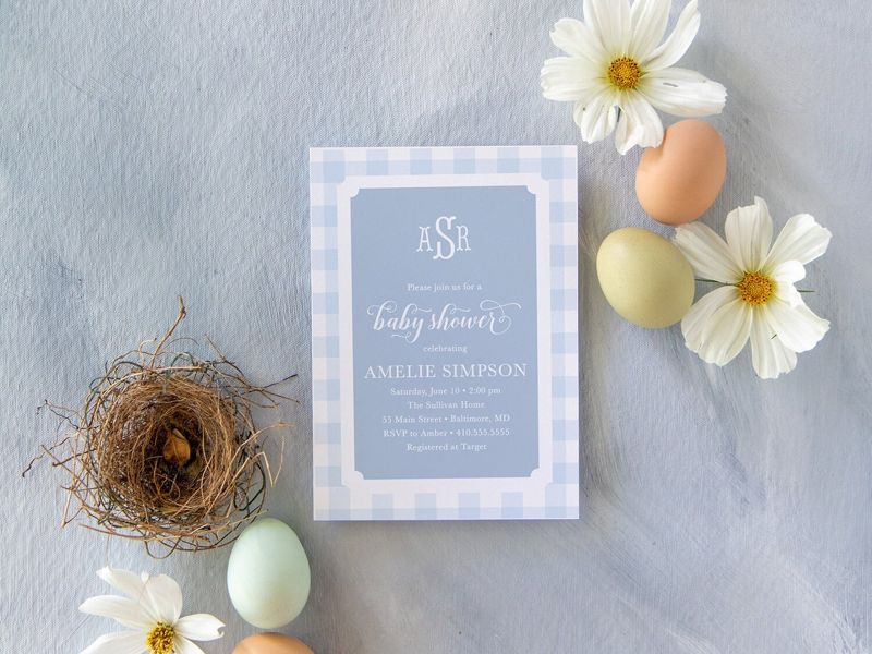 Baby Boy Shower Invitation - Blue Gingham Boy Baby Shower Invite - Classic Monogram - Baby Sprinkle Invitations - Preppy First Birthday (10 printed invitations | Plain White Envelopes)