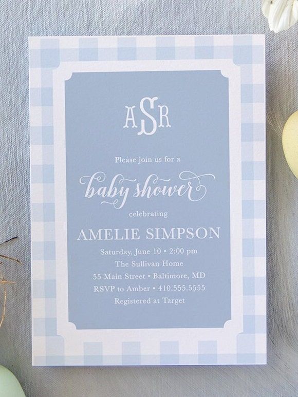 Baby Boy Shower Invitation - Blue Gingham Boy Baby Shower Invite - Classic Monogram - Baby Sprinkle Invitations - Preppy First Birthday (10 printed invitations | Plain White Envelopes)