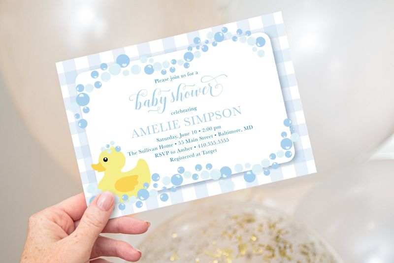Rubber Duck Baby Shower Invitation - Boy Duck Invite - Blue Gingham Baby Shower - Rubber Duckie - Rubber Ducky Theme - Blue and Yellow (10 printed invitations | Plain White Envelopes)