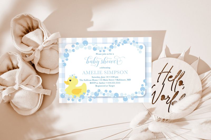 Rubber Duck Baby Shower Invitation - Boy Duck Invite - Blue Gingham Baby Shower - Rubber Duckie - Rubber Ducky Theme - Blue and Yellow (10 printed invitations | Plain White Envelopes)
