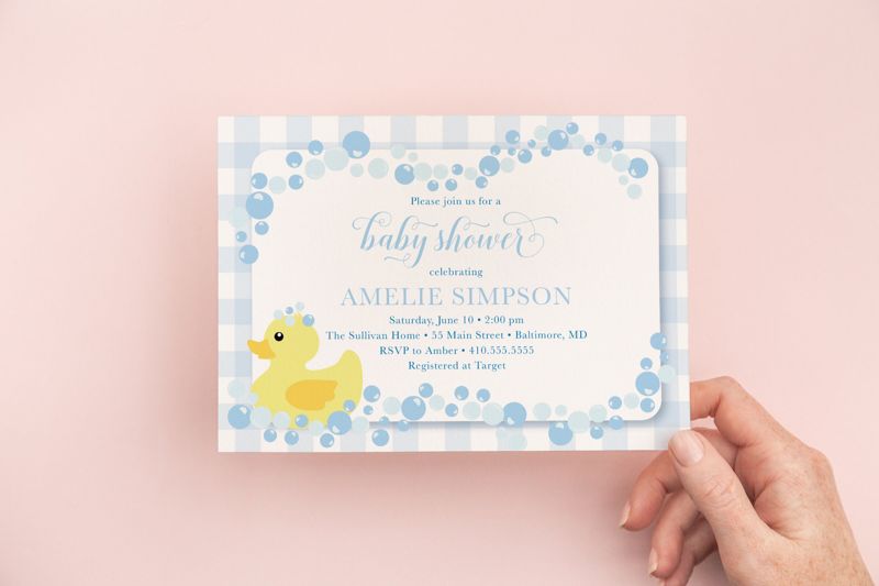Rubber Duck Baby Shower Invitation - Boy Duck Invite - Blue Gingham Baby Shower - Rubber Duckie - Rubber Ducky Theme - Blue and Yellow (10 printed invitations | Plain White Envelopes)