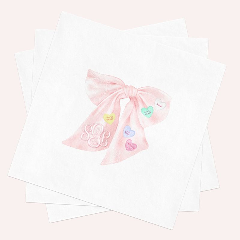 Valentines Day Napkins for Baby Girl Shower, Pink Bow Paper Napkins, Personalized Monogram Napkins for Baby Girl Sprinkle Candy Hearts Party (100 Printed Napkins, Cocktail 4.75")