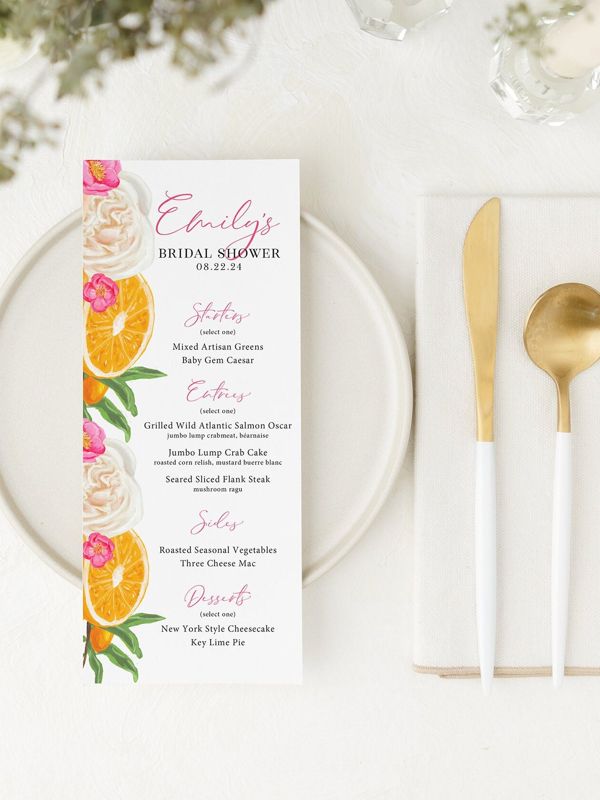 Citrus Orange Bridal Shower Printed Menu Cards - Bridesmaids Luncheon - Bridal Tea (JPG one per page)