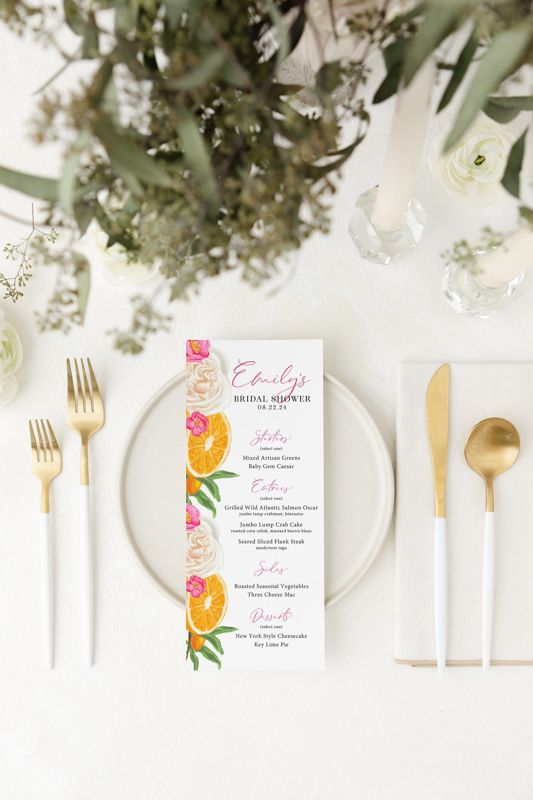 Citrus Orange Bridal Shower Printed Menu Cards - Bridesmaids Luncheon - Bridal Tea (JPG one per page)