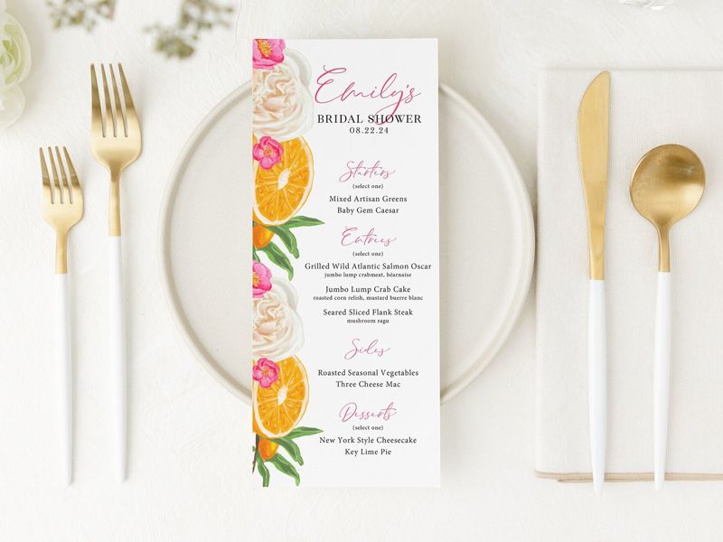 Citrus Orange Bridal Shower Printed Menu Cards - Bridesmaids Luncheon - Bridal Tea (JPG one per page)