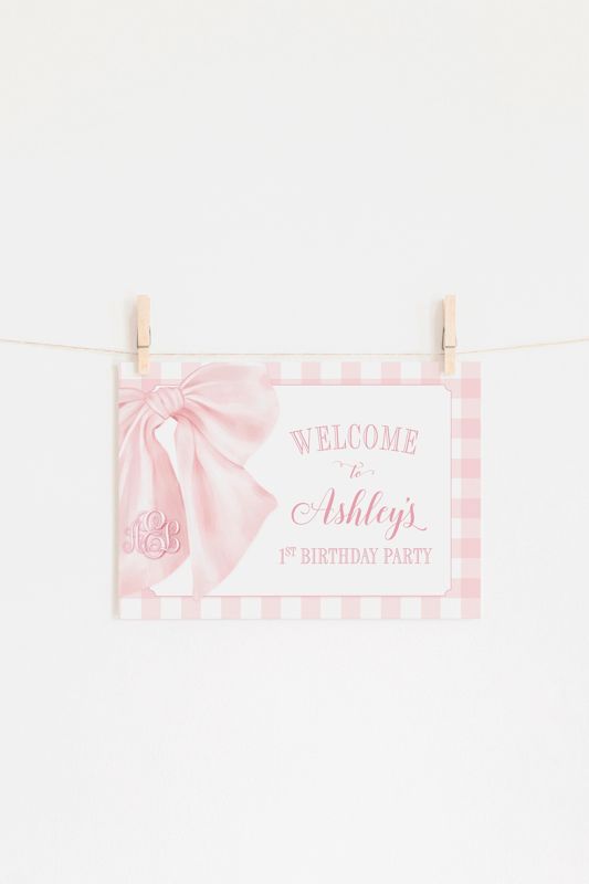 Pink Gingham First Birthday Party Welcome Sign for Girl - Preppy Southern Heirloom Bow - Pink Bow - Girl Baby Shower - Baby Girl Sprinkle