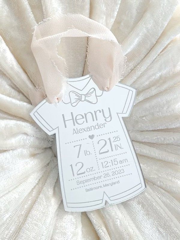 Baby Boy keepsake Christmas ornament, baby’s First christmas birth statistic ornament, birth information ornament stats mirror acrylic (Silver mirror)