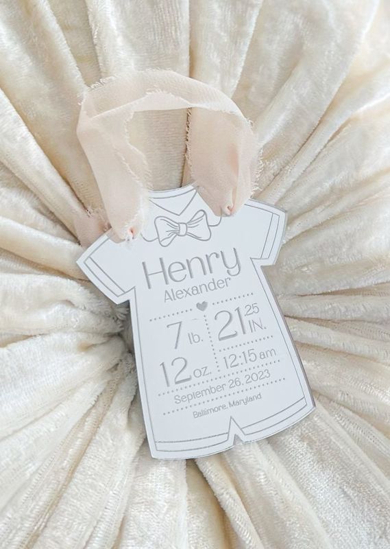 Baby Boy keepsake Christmas ornament, baby’s First christmas birth statistic ornament, birth information ornament stats mirror acrylic (Silver mirror)