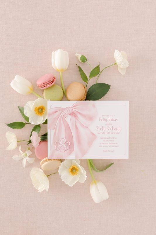 Classic Pink and White Baby Girl Shower Invitations - Whimsical Girl Baby Sprinkle - Monogram Pink Bow Love Fancy Party (10 printed invitations | Plain White Envelopes)