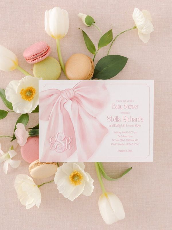 Classic Pink and White Baby Girl Shower Invitations - Whimsical Girl Baby Sprinkle - Monogram Pink Bow Love Fancy Party (10 printed invitations | Plain White Envelopes)
