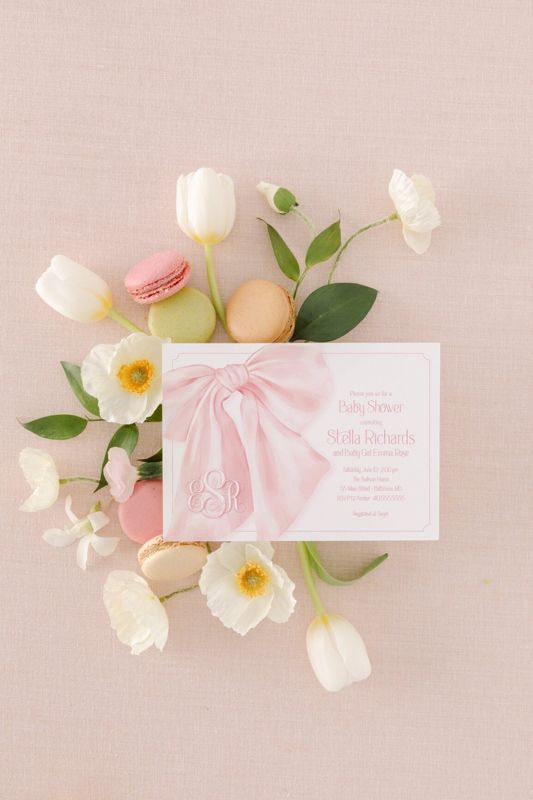 Classic Pink and White Baby Girl Shower Invitations - Whimsical Girl Baby Sprinkle - Monogram Pink Bow Love Fancy Party (10 printed invitations | Plain White Envelopes)