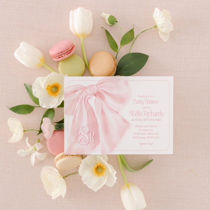 Classic Pink and White Baby Girl Shower Invitations - Whimsical Girl Baby Sprinkle - Monogram Pink Bow Love Fancy Party (10 printed invitations | Plain White Envelopes)