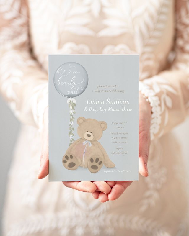 We Can Bearly Wait Baby Shower Invitations - Boy Baby Sprinkle Teddy Bear Invites - Bear Balloon Invitations (10 printed invitations | Plain White Envelopes)