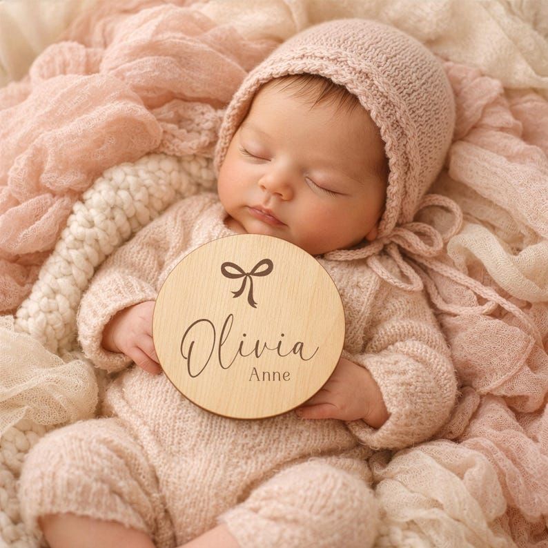 Bow Baby Girl Name Sign - Wood Baby Name Announcement Bow Knot Ribbon - Girl Birth Announcement - Hospital Name Sign (4")