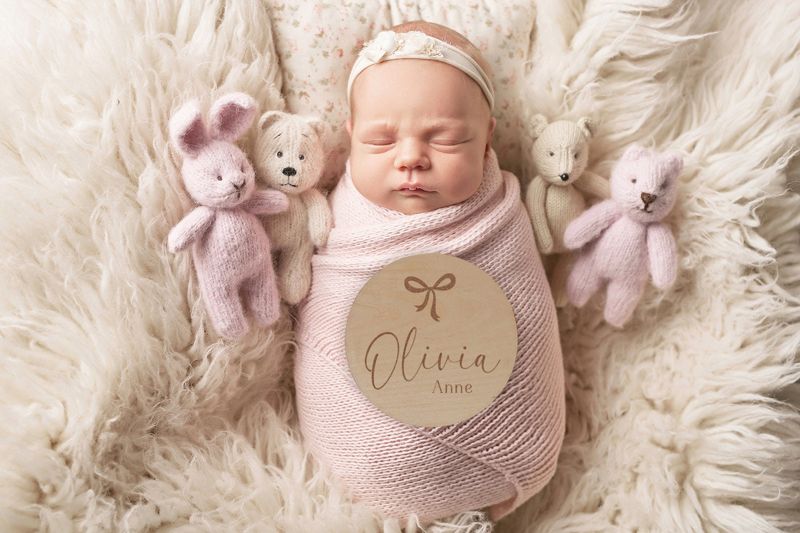 Bow Baby Girl Name Sign - Wood Baby Name Announcement Bow Knot Ribbon - Girl Birth Announcement - Hospital Name Sign (4")