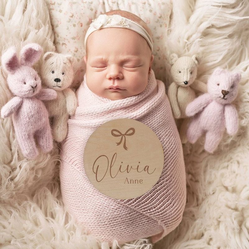 Bow Baby Girl Name Sign - Wood Baby Name Announcement Bow Knot Ribbon - Girl Birth Announcement - Hospital Name Sign (4")
