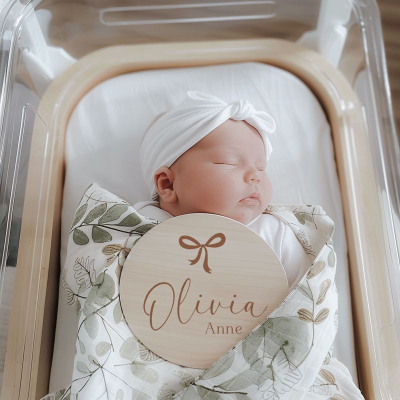 Bow Baby Girl Name Sign - Wood Baby Name Announcement Bow Knot Ribbon - Girl Birth Announcement - Hospital Name Sign (4")