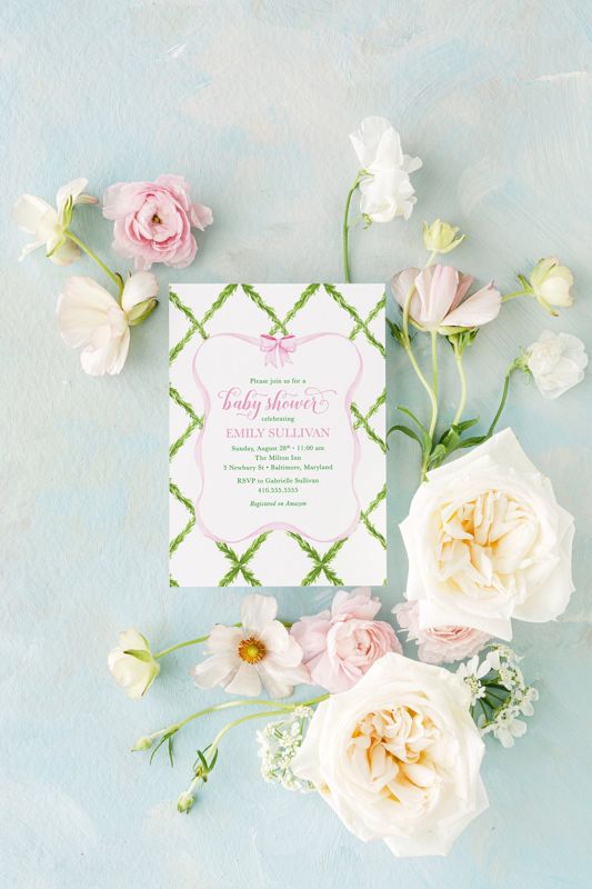 Preppy Pink and Green Bow Baby Shower Invitation, Baby Sprinkle Invitations, Girl Baby Shower, Watercolor Invites, Trellis Bow Girl Birthday (10 printed invitations, Plain White Envelopes)