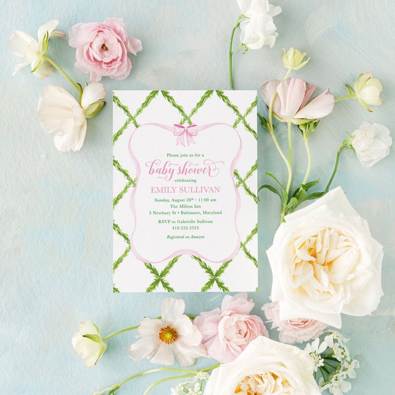 Preppy Pink and Green Bow Baby Shower Invitation, Baby Sprinkle Invitations, Girl Baby Shower, Watercolor Invites, Trellis Bow Girl Birthday (10 printed invitations, Plain White Envelopes)
