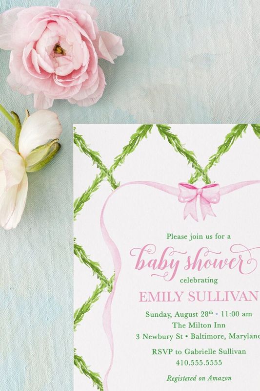 Preppy Pink and Green Bow Baby Shower Invitation, Baby Sprinkle Invitations, Girl Baby Shower, Watercolor Invites, Trellis Bow Girl Birthday (10 printed invitations, Plain White Envelopes)