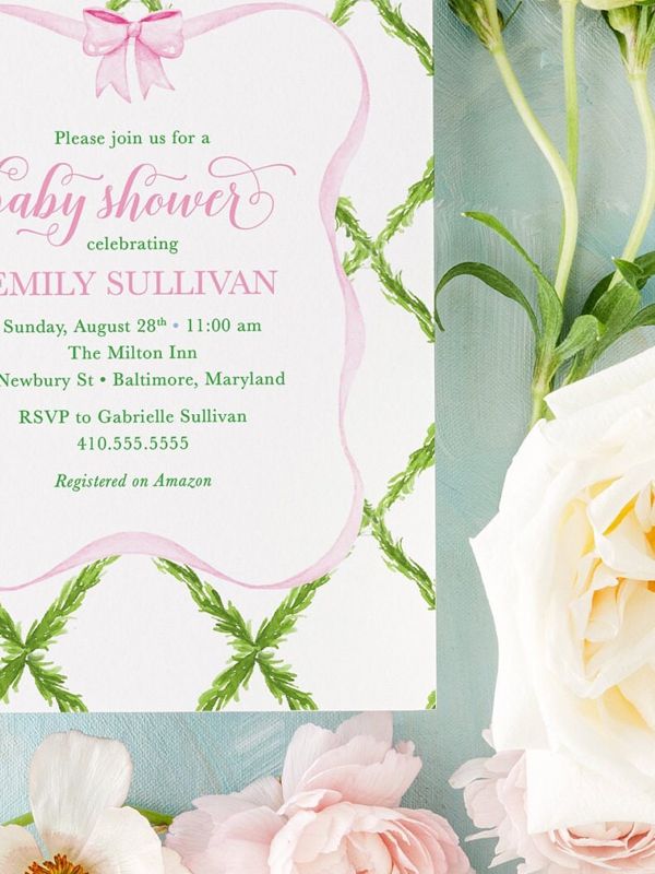 Preppy Pink and Green Bow Baby Shower Invitation, Baby Sprinkle Invitations, Girl Baby Shower, Watercolor Invites, Trellis Bow Girl Birthday (10 printed invitations, Plain White Envelopes)