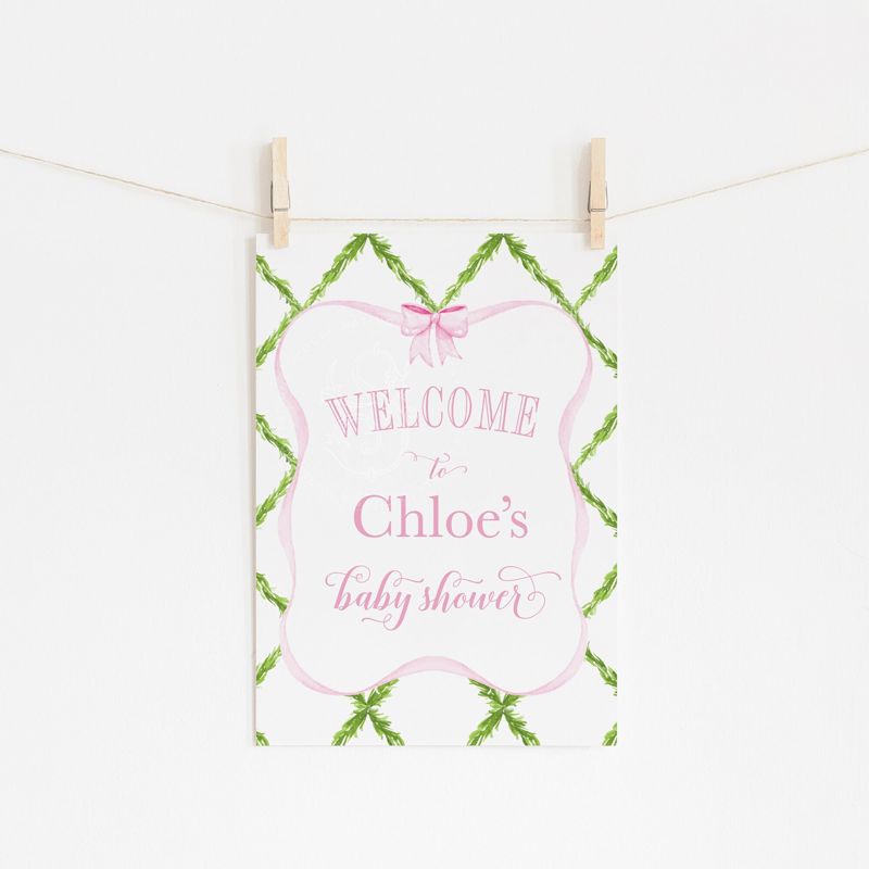 Pink Bow Baby Girl Shower Welcome Sign - Preppy Pink Bow - Baby Shower Signage - Printed 18x24" Sign - Welcome Poster (18x24")
