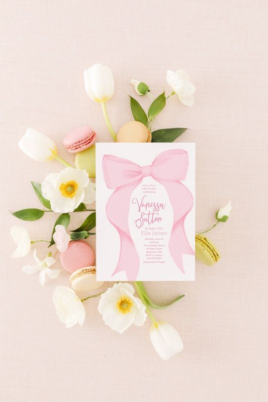 Pink Bow Baby Shower Invitations Girl, Grandmillenial Bows, Baby Girl Sprinkle, Whimsical Fancy Garden Tea Party 1st Birthday, Printed (10 printed invitations, Plain White Envelopes)