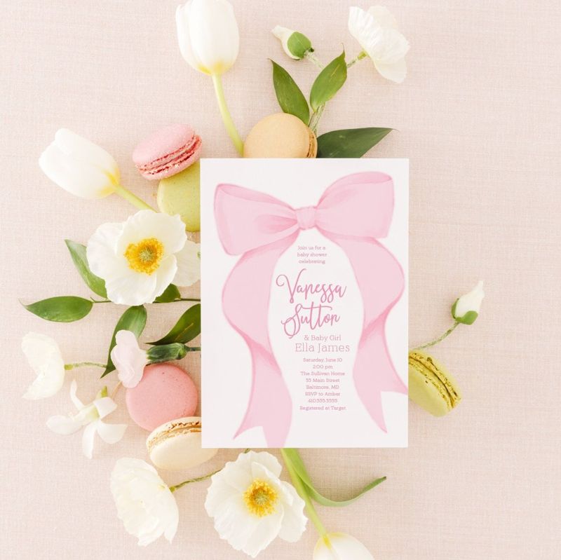 Pink Bow Baby Shower Invitations Girl, Grandmillenial Bows, Baby Girl Sprinkle, Whimsical Fancy Garden Tea Party 1st Birthday, Printed (10 printed invitations, Plain White Envelopes)