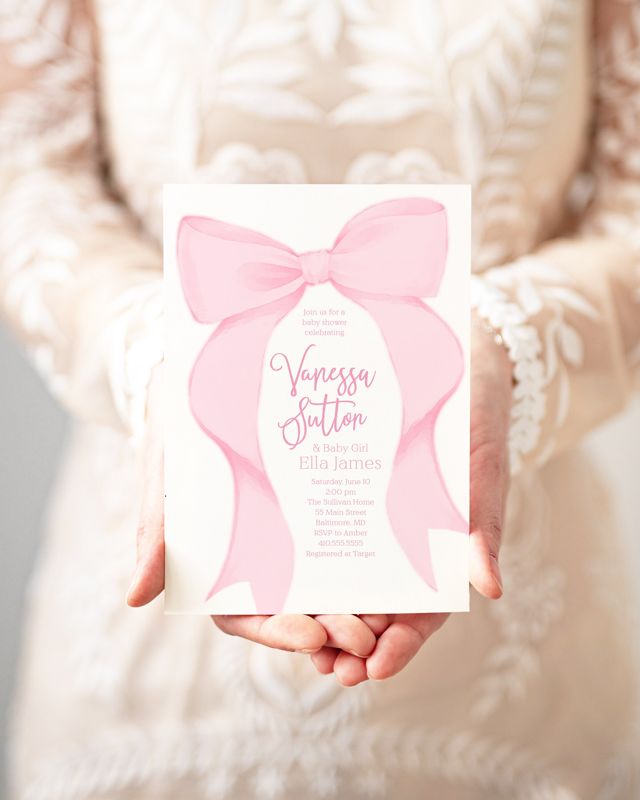 Pink Bow Baby Shower Invitations Girl, Grandmillenial Bows, Baby Girl Sprinkle, Whimsical Fancy Garden Tea Party 1st Birthday, Printed (10 printed invitations, Plain White Envelopes)