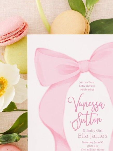 Pink Bow Baby Shower Invitations Girl, Grandmillenial Bows, Baby Girl Sprinkle, Whimsical Fancy Garden Tea Party 1st Birthday, Printed (10 printed invitations, Plain White Envelopes)
