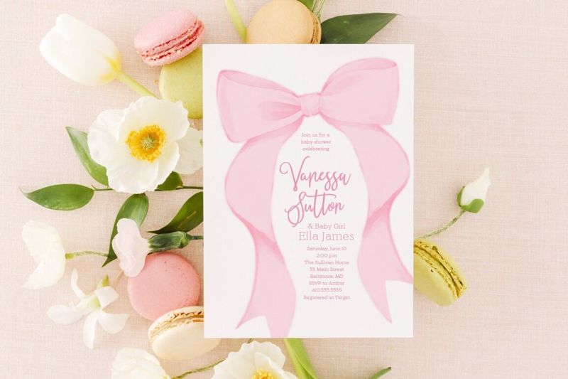 Pink Bow Baby Shower Invitations Girl, Grandmillenial Bows, Baby Girl Sprinkle, Whimsical Fancy Garden Tea Party 1st Birthday, Printed (10 printed invitations, Plain White Envelopes)