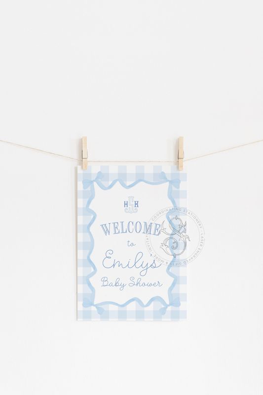 Boy Baby Shower Welcome Sign Printable 18x24" - Preppy Blue Gingham Monogram - Baby Sprinkle Welcome Signage