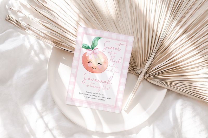 Peach Birthday Party Invitation - Sweet as a Peach - Peach Theme Invite - Gingham Peach Birthday - Georgia Peach - Girl Birthday (10 printed invitations | Plain White Envelopes)