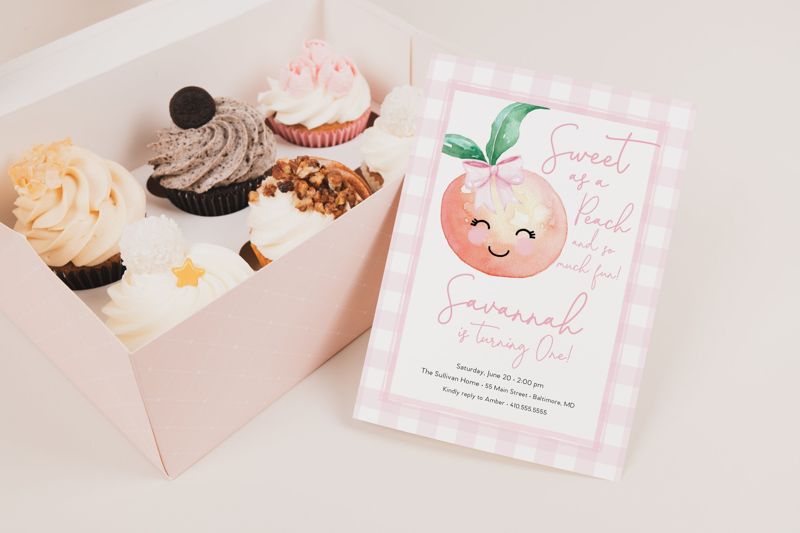 Peach Birthday Party Invitation - Sweet as a Peach - Peach Theme Invite - Gingham Peach Birthday - Georgia Peach - Girl Birthday (10 printed invitations | Plain White Envelopes)