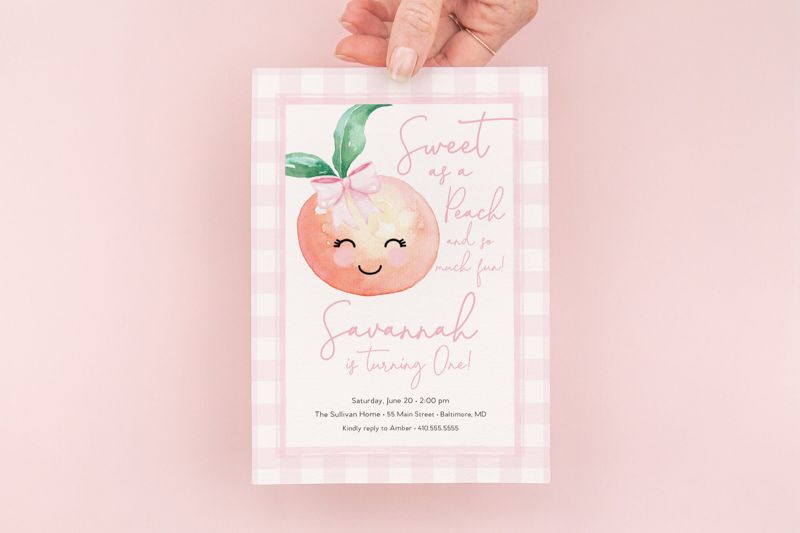 Peach Birthday Party Invitation - Sweet as a Peach - Peach Theme Invite - Gingham Peach Birthday - Georgia Peach - Girl Birthday (10 printed invitations | Plain White Envelopes)