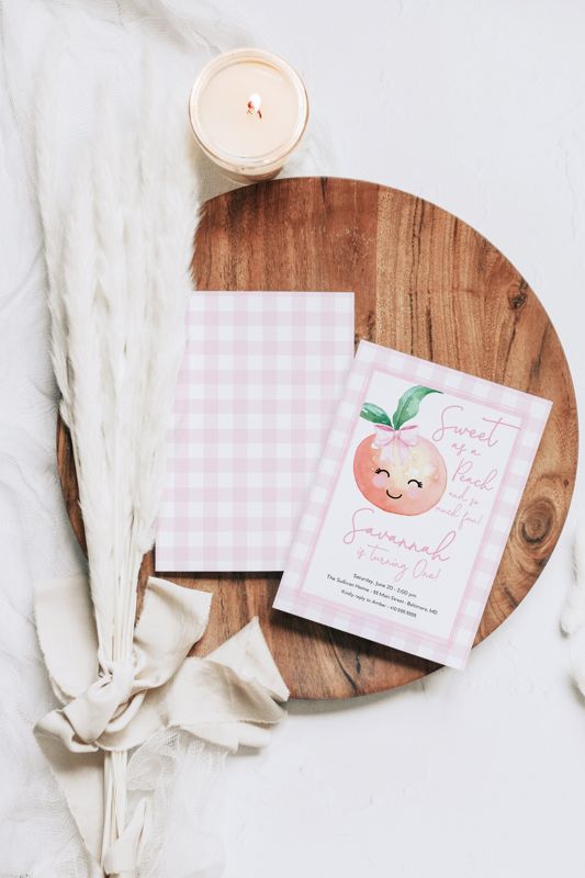 Peach Birthday Party Invitation - Sweet as a Peach - Peach Theme Invite - Gingham Peach Birthday - Georgia Peach - Girl Birthday (10 printed invitations | Plain White Envelopes)